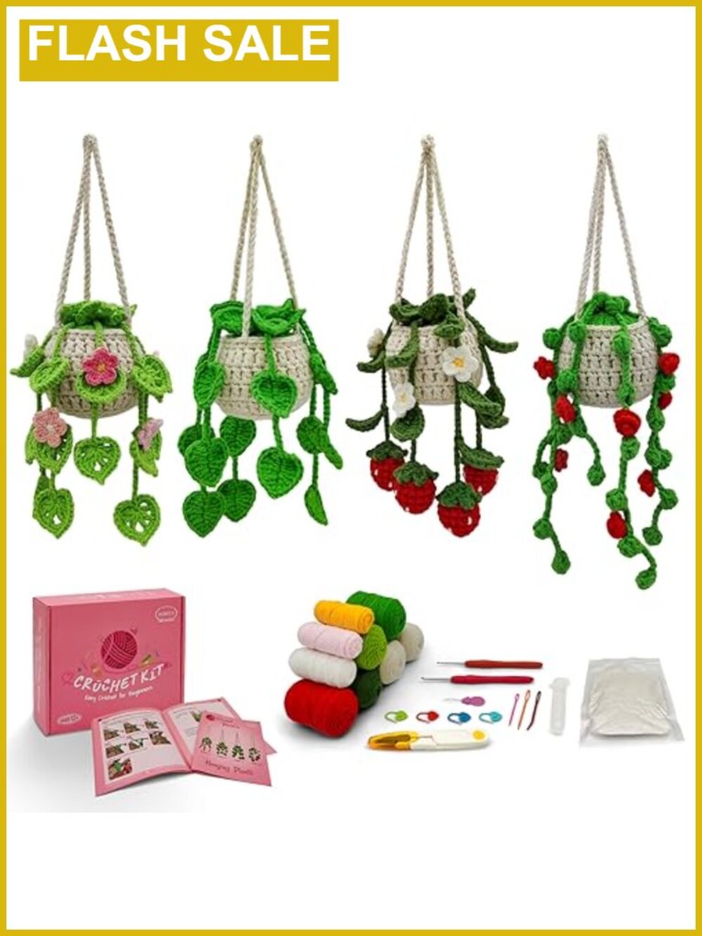 Crochet Kit for Beginners with Video Tutorials Hanging Plant Craft Set 4 Pcs